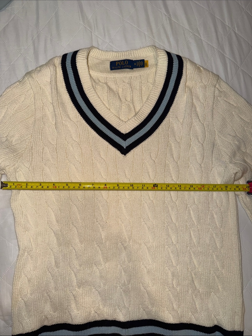 Polo by Ralph Lauren Cream Cable-Knit V-Neck Sweater with Blue Stripes - Picture 5 of 5